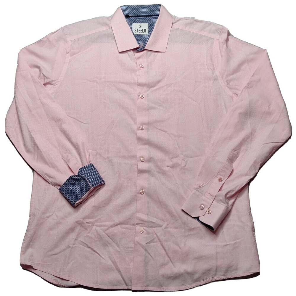 STEELO Men Size XL Pink Flip Cuff Long Sleeve‎ Button-Up Cotton Shirt EUC